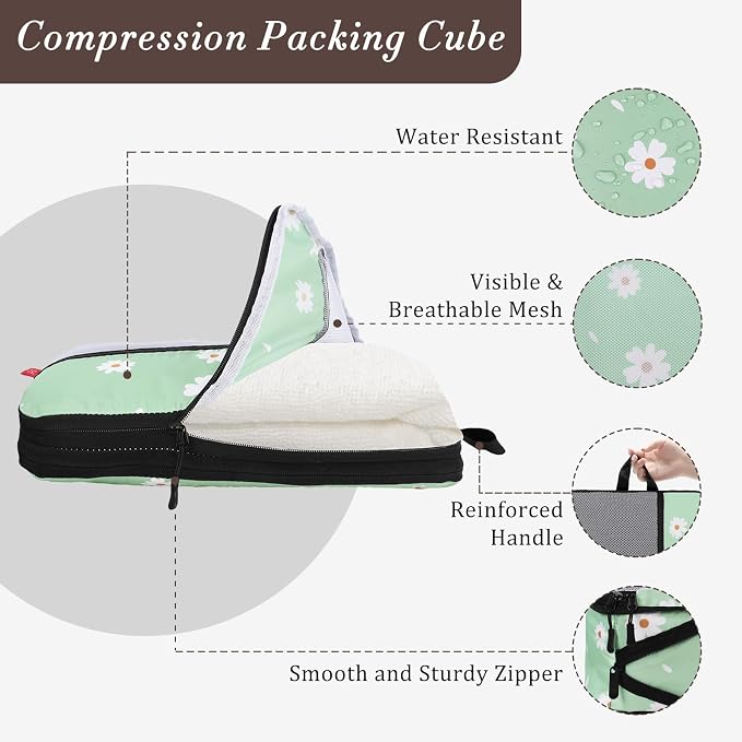 U+U 6 Set Compression Packing Cubes - Ultralight Travel Organizers with Laundry Bag, Space-Saving Suitcase Organizer, Expandable Packing Cubes for Travel, Business Trip and Family Vacation (Daisy) - Image 2