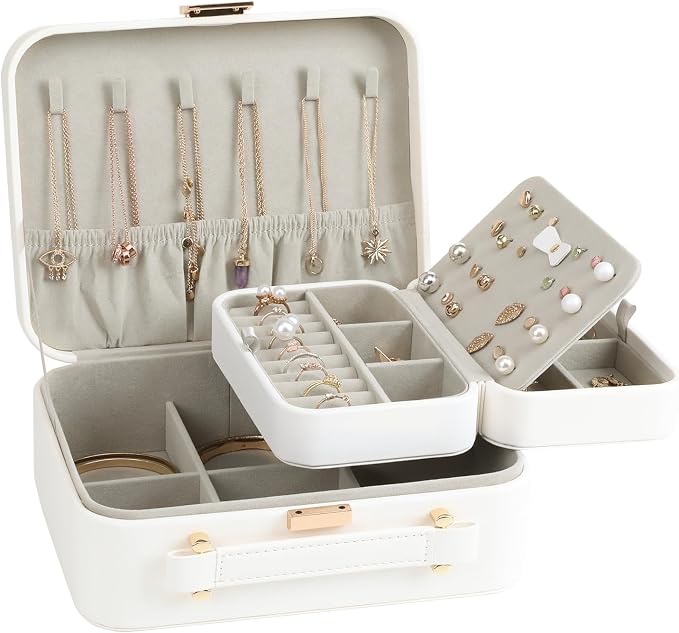 White Jewelry Box, Large Travel Jewelry Case Organizer, 2 Layer Jewelry Holder Organizer, Traveling Jewelry Organizer for Women, Watch Case for Women, White - Image 2