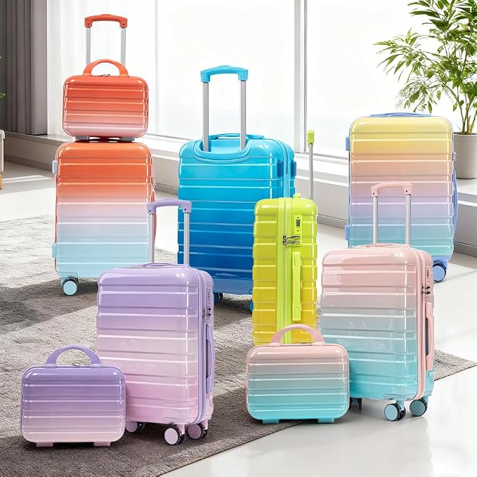 Gradient Color Suitcase 2-Piece Set, 20" Rotating Wheel Suitcase with 14" Cosmetic Case, Lightweight Durable Hardshell Luggage with 360° Spinner Wheels for Travel, Women & Girls (Blue+Pink) - Image 8