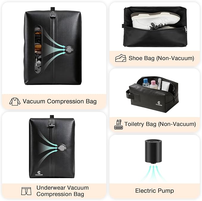 Compression Packing Cubes for Travel with Electric Pump, Vacuum Travel Organizer Set for Carry-On Luggage, Shoe Bag & Toiletry Bag, 5-Piece - Image 2