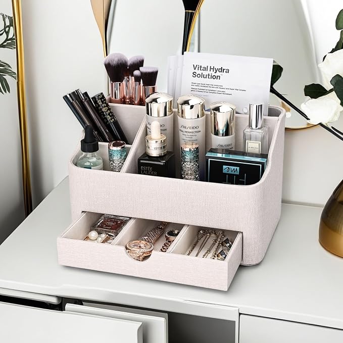 KINGFOM Leather Makeup Organizer with Drawer, Cosmetic Storage for Dresser Countertop and Bathroom Vanity, Beauty Holder for Lipstick Brush Skincare (Beige) - Image 3