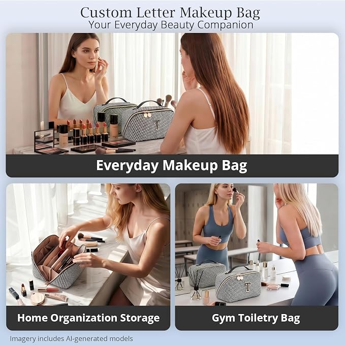 Personalized Gift Travel Makeup Bag: Initial Makeup Organizer Bag for Women | 3-in-1 Custom Make up Bag Set - Vegan Leather Travel Cosmetic Bag - Luxury Gift for Women – Birthday, Anniversary, Graduation - Image 9