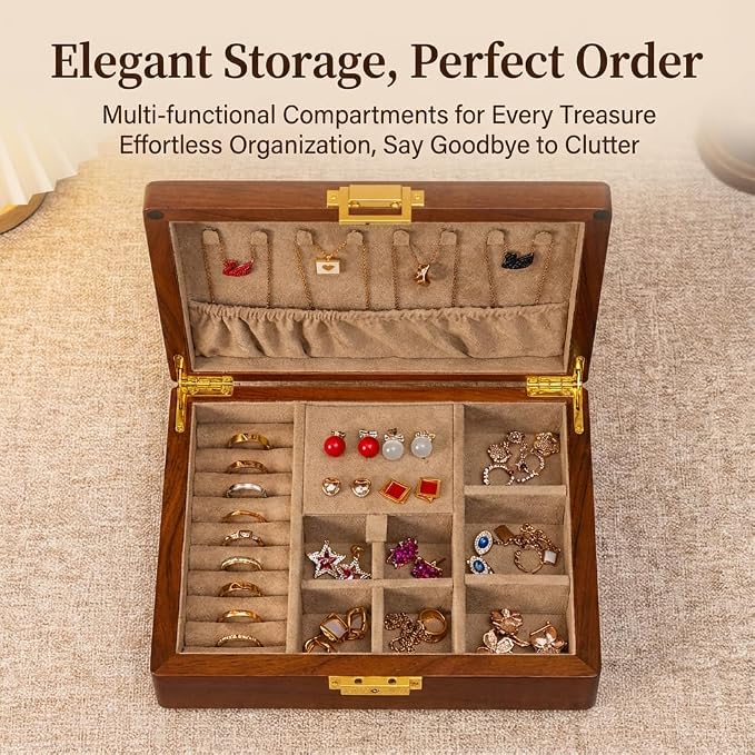 Solid Black Walnut Jewelry Box with Lock and Key Large Capacity Vintage Wooden Organizer for Women and Men Ring Necklace Earring Cufflink Storage Compartments Removable Dividers Gift - Image 3