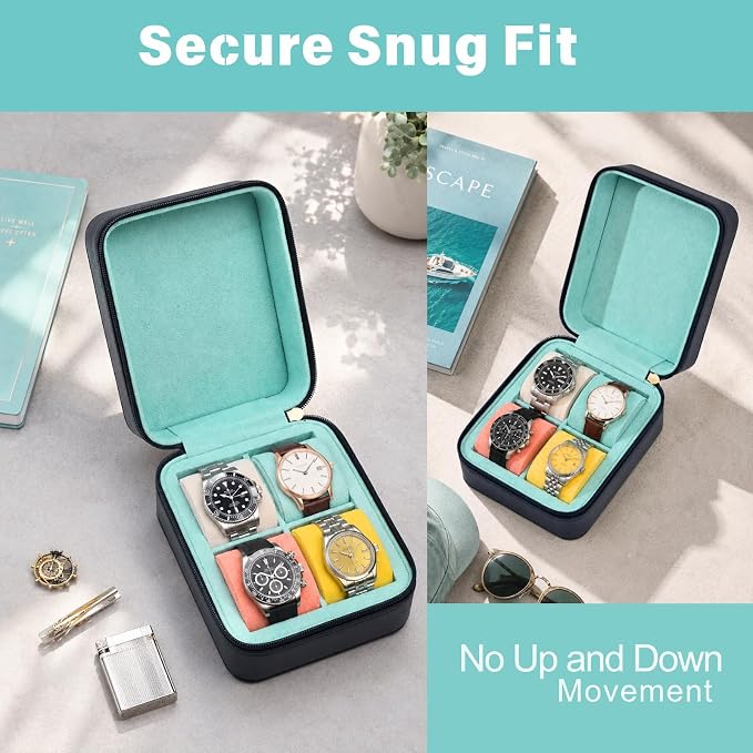 4-Slot Leather Watch Roll Travel Case with Velvet Interior | Multiple Watch Capacity,Premium Hexagon Leather,Velvet M-Shaped Cushions,Secure Snap Closure,Storage Organizer - Image 3