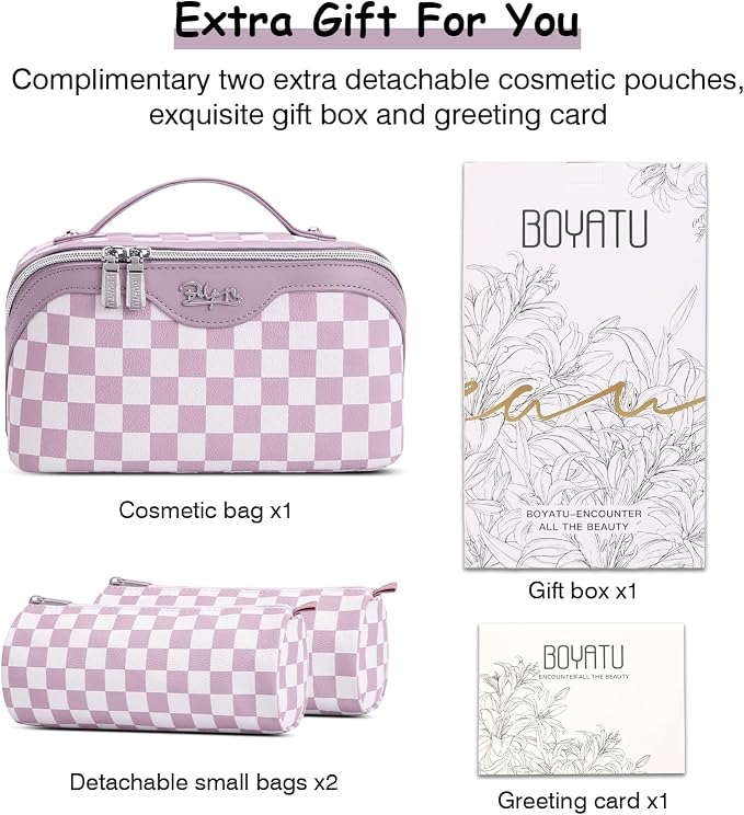 BOYATU Travel Makeup Bag Organizer Cosmetic Bag: 3 Pcs Set Make up Bags for Women with Handle - Waterproof Vegan Leather Toiletry Bag (01-G-Purple) - Image 8