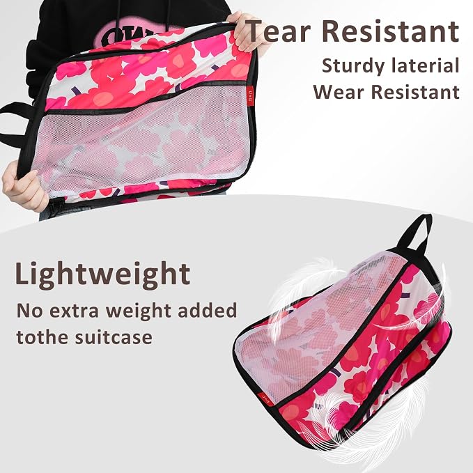 U+U 4 Set Compression Packing Cubes - Ultralight Travel Organizers, Space-Saving Suitcase Organizer, Expandable Packing Cubes for Travel, Business Trip and Family Vacation (Red Flower) - Image 5