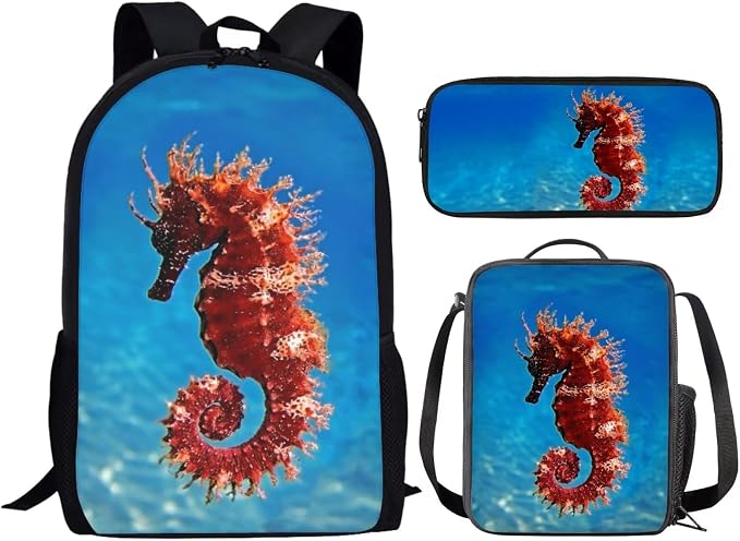 Girls Boys School Backpack with Lunch Box Pencil Case Comfy Padded Lightweight Dwarf Seahorse Backpack Set Kids Cute Bookbag Insulated Lunch Bag Student Large Capacity Daypack 17 Inch - Image 2
