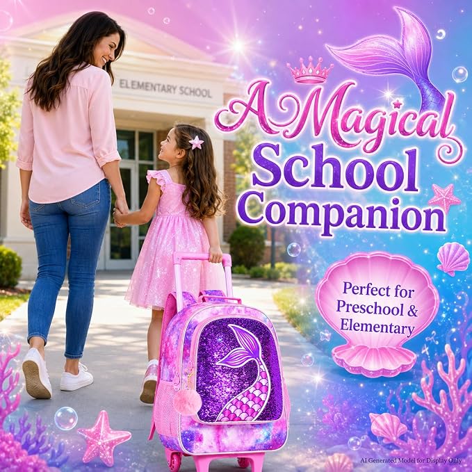 AGSDON 3PCS Rolling Backpack for Girls Boys, Kids Roller Wheels Bookbag, Wheeled School Bag with Lunch Bag - Image 6