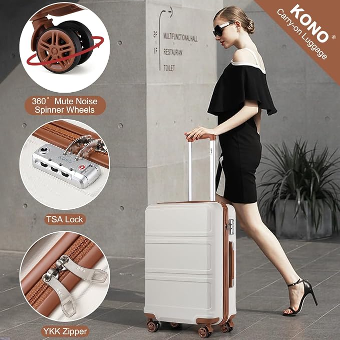 Kono 24 Inch Luggage Suitcase with Spinner Wheels TSA Lock | Lightweight PC+ABS Hardside Medium Checked Luggage Durable Rolling Suitcase Cream White - Image 5
