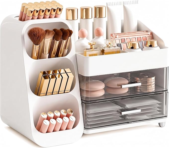 Booklov Large Makeup Organizer for Vanity and Bathroom Countertop, White | Clear Acrylic Cosmetic Display Case, Beauty Brush Holder for Dresser Counter, Storage Skincare Eyeshadow Lipstick Perfume by Booklov