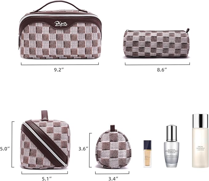 BOYATU Travel Makeup Bag for Women: Large Cosmetic Bag Set of 3 - PU Leather Make up Bag with Compartments - Compact Waterproof Toiletry Bag with Divider & Handle (D-3-Brown) - Image 3