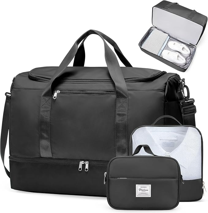 Large Travel Duffle Bag,Carry on Overnight Weekend Bag with Shoes Compartment,Weekender Bags for Women for Travel Business Trips Sport Hospital,3 Pcs Set,Black - Image 9