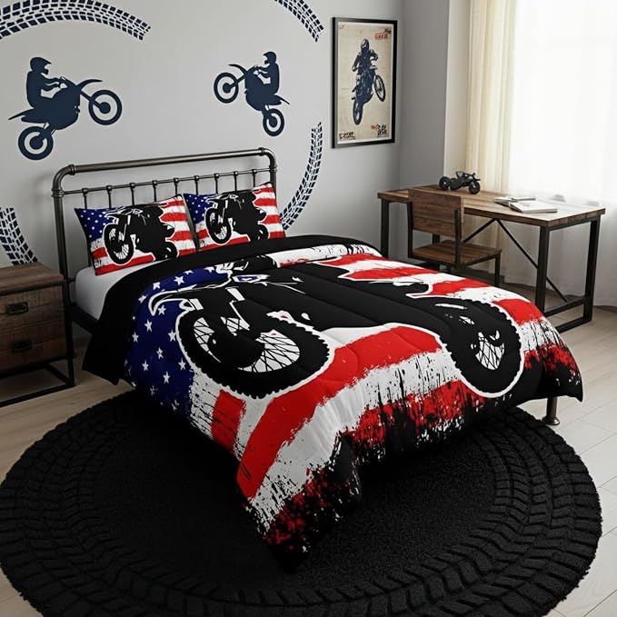 Dirt Bike Comforter Set Queen Motocross Comforter Retro American Flag Bedding Set for Kids Boys Teens Men Grunge Room Decor,Extreme Sports Tie Dye Bed Set Motor Biker Motorcycle Quilt Duvet Set 3 Pcs - Image 2