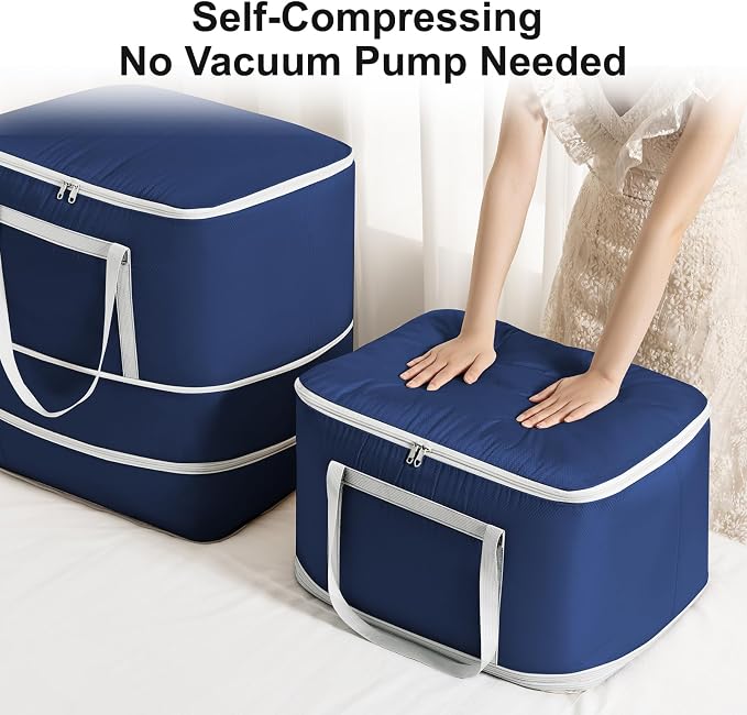 Comforter Storage Bag - 120L Bedding Storage Bags for Moving Closet, Washable Blanket Storage Bag, Ultra Space Saving Self Compression Organizer, 4-Pack, Navy Blue - Image 5