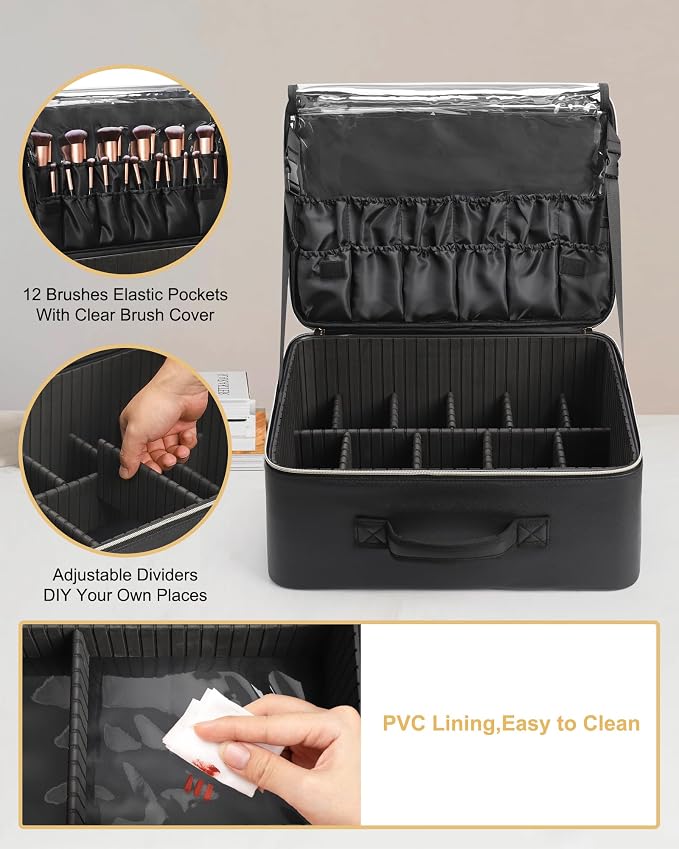 Relavel Extra Large Makeup Case Professional Cosmetic Storage Organizer Box Brush Holder with 4 Clear Set Bags for Makeup Artists with Shoulder Strap & Adjustable Dividers, Leather Black - Image 3