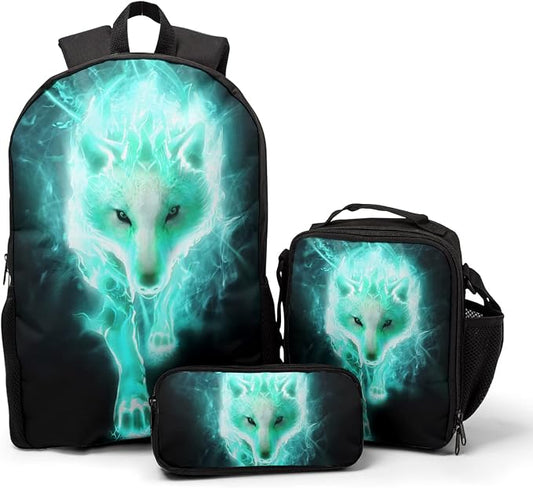 Giwawa Cyan Wolf Backpack 3-Piece Set, Cool Wilderness Animal Pattern Bookbag Lunch Bag Stationery Holder Case for School College Students Daily Essentials Camping Trips Outdoor Travel by Giwawa