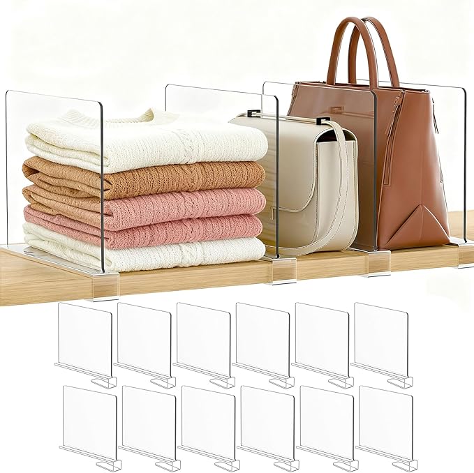 Purse Organizer for Closet Shelf Dividers: 12-Pack Adjustable Clear Acrylic Bag Storage Organizer for Handbags, Sweaters, Towels, Jeans and Shoes on Wood Shelves by Saccik