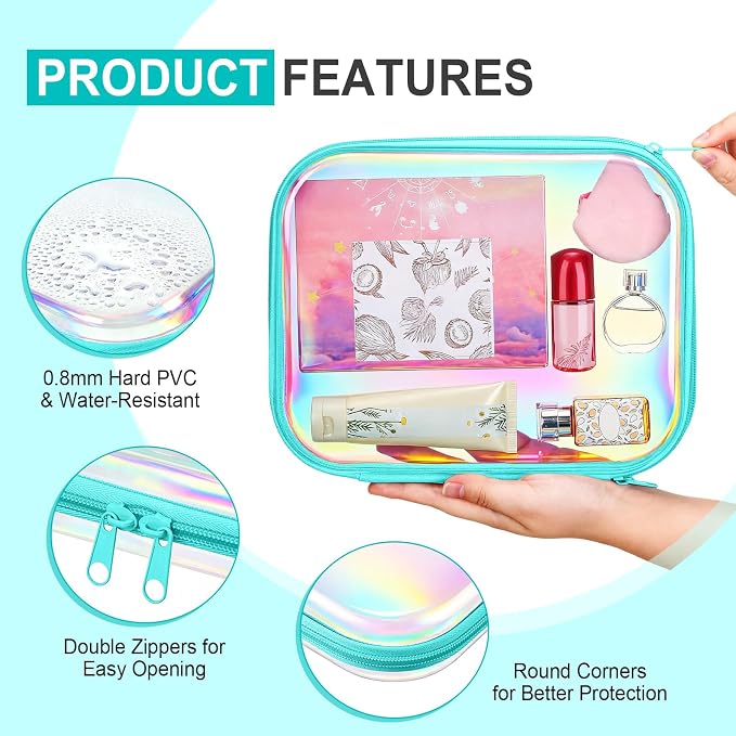 Sanwuta 6 Pcs Clear Hard Zipper Case Plastic Zipper Pouches Transparent Makeup Bag Pencil Case Pouches Toiletry Diaper Bag for Travel Toy Storage Organizer Bins(Holographic,9.84 x 7.87 x 2 Inch) - Image 3
