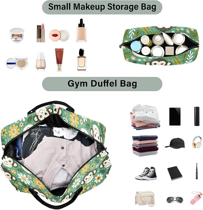 Weekender Bags Travel Duffel Gym Bag Flowers Dots Monkey Faces Carry on Overnight Tote Bag with Toiletry Bag for Airplane Travel Trip Gym Yoga - Image 4