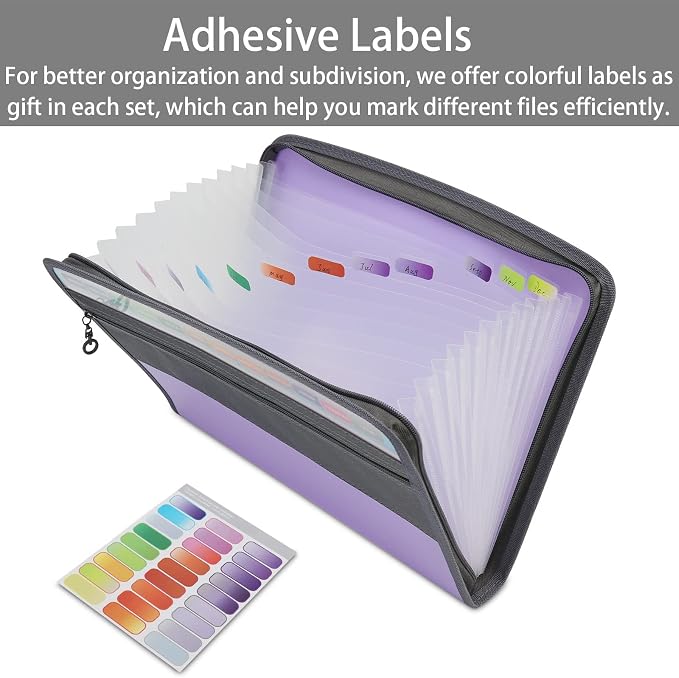 NAFY Accordian File Organizer, 13 Pockets Expanding File Folder with Zipper, A4 Letter Size Portable Accordion Expanding File Folders with Multicolor Labels for Office School Supplies (Black+Purple) - Image 5
