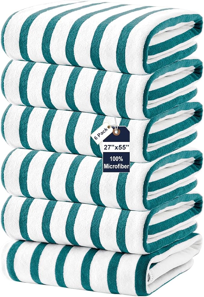 JML Microfiber Beach Towels, 6 Pack, 27" x 55", Large Bath Towel Set for Adult- Cabana Stripe - Absorbent, Quick Drying Lint-Free, No Fading for Summer Party, Pool, Sport, Yoga, Swimming, Dark Green by JML