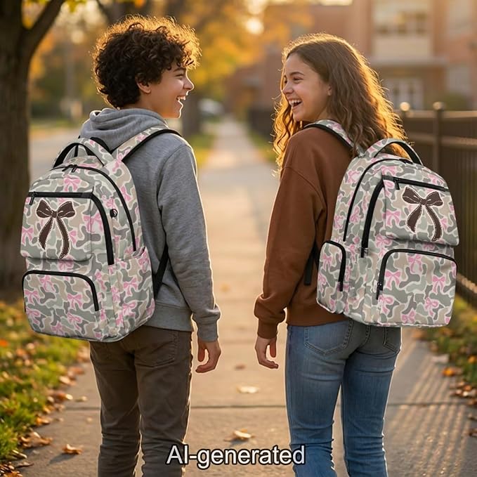 Green Camo Bow Kids 4 Piece School Backpack Set, 17 Inch Lightweight Backpack with Lunch Bag, Pencil Case and Water Bottle Holder for Elementary Middle School - Image 2