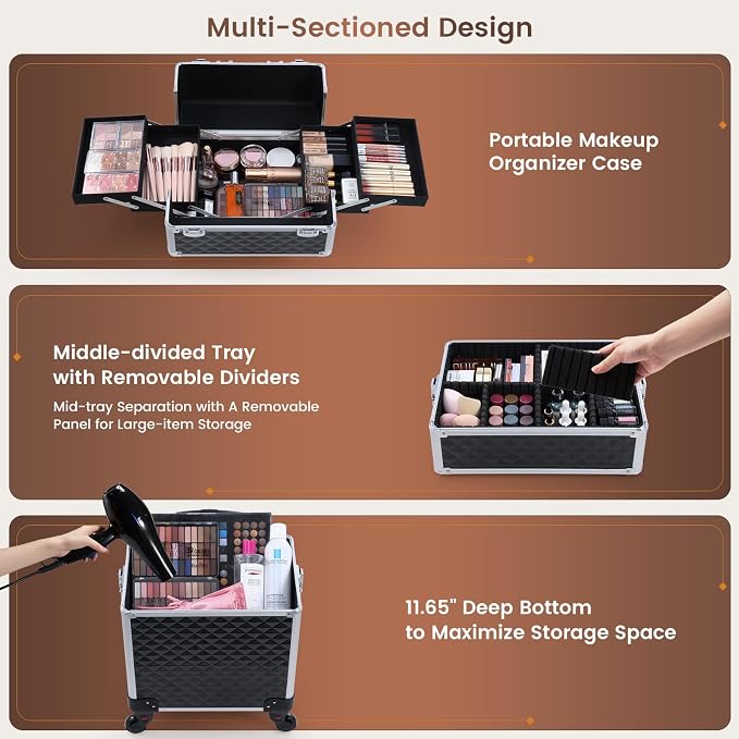 FRENESSA 3 in 1 Rolling Makeup Case Cosmetology Case on Wheel Vintage Black | Cosmetic Trolley Large Storage with Keys 360° Swivel Salon Barber Case Traveling Cart Trunk for Artist Hairstylists Nail Tech - Image 2