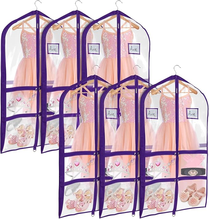 Univivi Clear Purple PVC Dance Costume Bags Garment Bag 40 Inch for Dance Competitions, with 4 Medium Clear Zipper Pockets and 1 Large Back Zippered Pocket [Upgraded Version] (40'' x 24'' 6 Pack) by Univivi