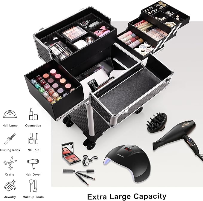 Stagiant Rolling Makeup Train Case Large Storage Cosmetic Trolley 4 Tray with Sliding Rail Removable Middle Layer with Key Swivel Wheels Salon Barber Case Traveling Cart Trunk - Image 2