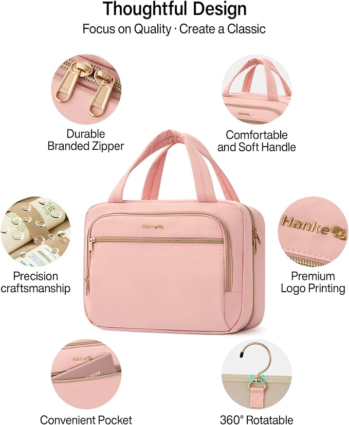 Hanke Hanging Travel Toiletry Bag for Women, Water-Resistant Makeup Organizer with Hook, Cosmetic Bag for Bathroom & Travel Essentials Accessories, Pink - Image 7