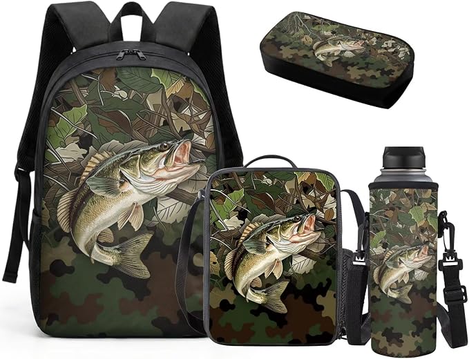 GIFTPUZZ 4 Piece Hunting Camo Deer Fish American Flag Backpack Set for Kids | Patriotic Bookbag with Lunch Box for Boys Elementary School, Zip up Pencil Pouch, Water Bottle Sleeve, Summer Camp, Ages 6-8 by GIFTPUZZ