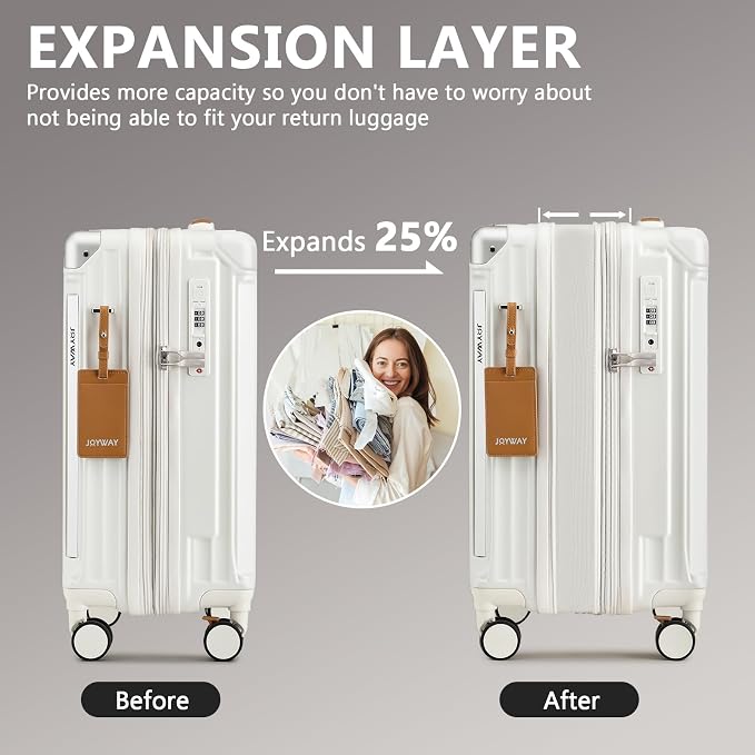 Joyway 3 Piece Set Hardside Expandable Luggage with USB Charging Port and Cup Holder, TSA Lock Spinner Wheels Suitcase for International Travel, Lightweight Carry On Checked Baggage, White - Image 3
