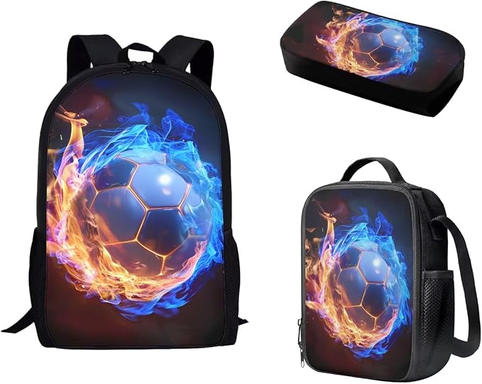 Mumeson 3 Piece Kids Backpack Elementary Preschool School Bag with Lunch Box Pencil Case Set for Boys Girls,Football Bookbag Large Capacity Travel Daypack Rucksack by Mumeson