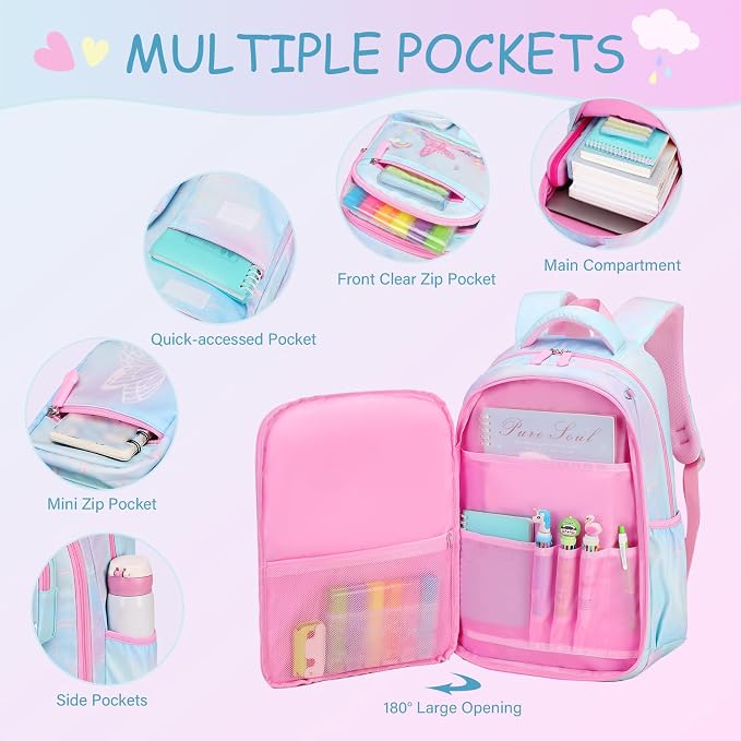 ACESAK Kids Backpack for Girls,Rainbow Backpack with 43OZ Lunch Box & 14OZ Water Bottle, Lunch Bag Set for School, Girls Bookpack for Elementary Middle school Teen Student(Blue) - Image 3
