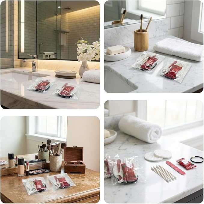 100 Pcs Hotel Vanity Kit Individually Wrapped Bulk Travel Hospitality Supplies Disposable Hygiene Products Cotton Pads, Cotton Swabs, Hair Tie, Nail File, Dental Floss for Motels Toiletries Homeless