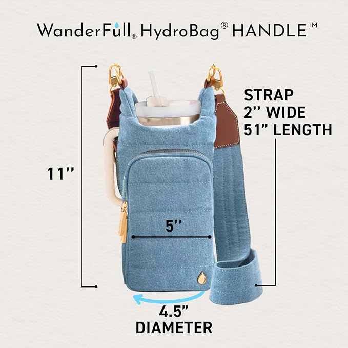 WanderFull Original HydroBag HANDLE®, Zipper for Handle, 40 oz Water Bottle Holder w/Strap, Crossbody Carrier Bag w/Phone Pocket, Tumbler Accessories - Light Denim - Image 2