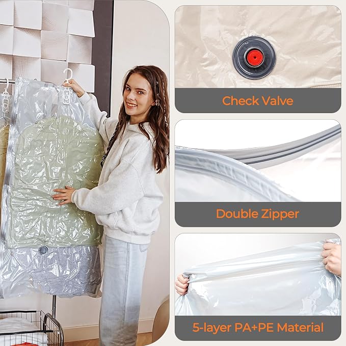 Vacbird Hanging Vacuum Storage Bags for Clothing 8 Pack Hanging Vacuum Seal Bags for Clothing Suit Bags Closet Storage, Hanging Plastic Clothes Cover for Coat, Dress, Fur, Shirt - Image 5