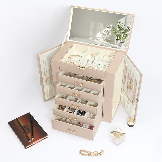 Large Jewelry Holder Organizer, 6 Layer Jewelry Box for Women Jewelry Storage Case With Handle, Gift for Christmas New Year, Apricot - Image 6