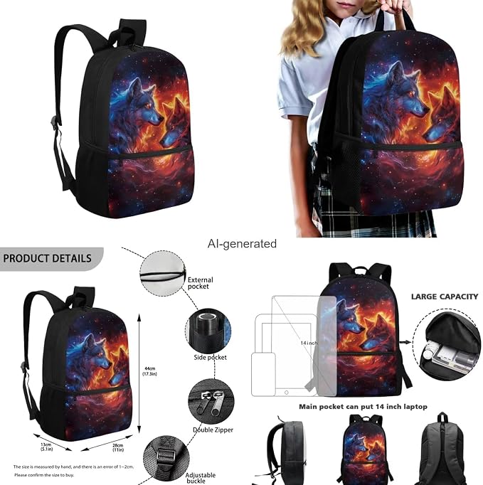 Galaxy Wolf Backpack for Girls Boys Backpack with Lunch Box Water Bottle Pouch and Zipper Pencil Pouch 4PCS Set Bookbag with Front Pocket for School 17 inch Large Capacity School Bag for Kids - Image 3