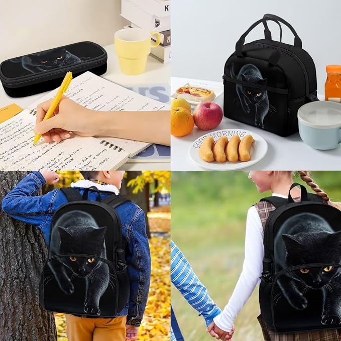 4Pcs Black Cat Print Travel Backpacks for Men Women Adults School Bag Large Capacity Bookbag Schoolbag Tote Lunch Bags Pencil Bag for Purse Fountain Pens Work Camping Diaper Bag Daypack - Image 4