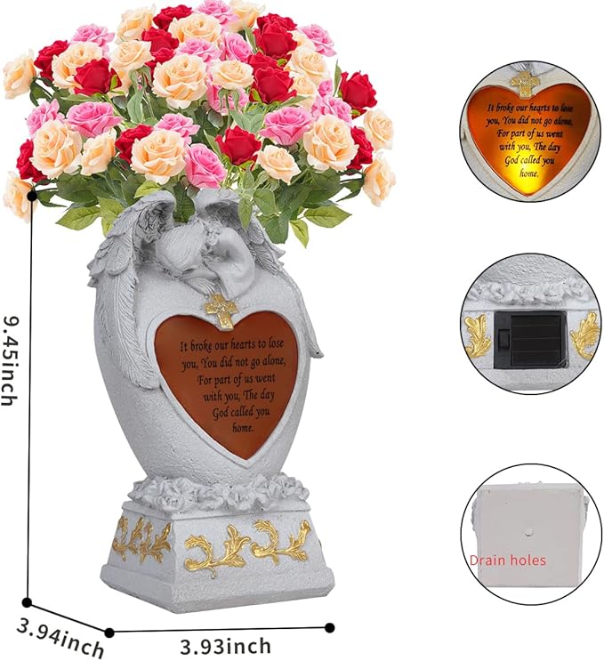 Angel Garden Statue Outdoor Decor, Cemetery Vase with LED, Family Garden Memorial Statue, Crying Angel (White) with Solar Lights