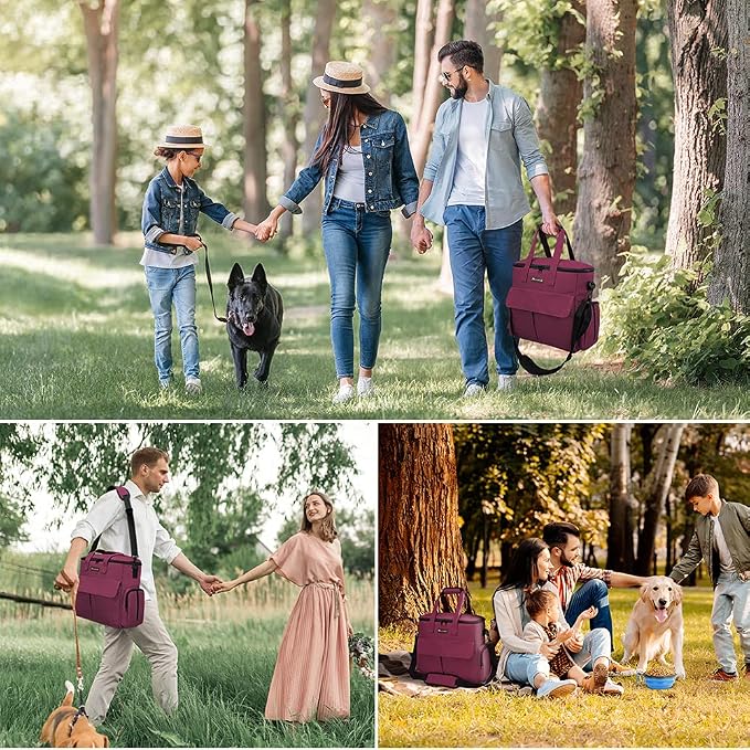 Modoker Dog Travel Bag with 2 Food Bags, 2 Bowls and 1 Mat(Rose Red) | Roomy Main Compartment | Multiple Functional Pockets | Water-Resistant Oxford Fabric | PVC Backing | Leak-Resistant Lining - Image 6