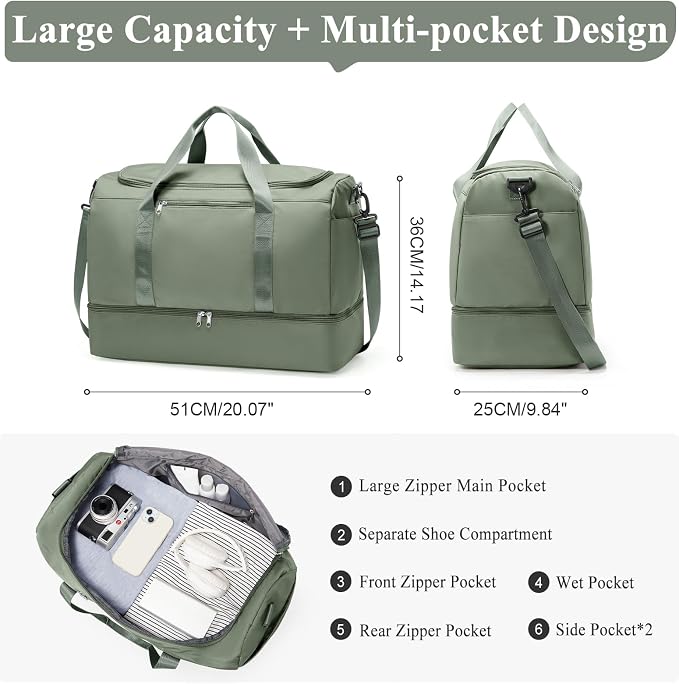 Large Travel Duffle Bag,Carry on Overnight Weekend Bag with Shoes Compartment,Weekender Bags for Women for Travel Business Trips Sport Hospital,Olive Green - Image 4