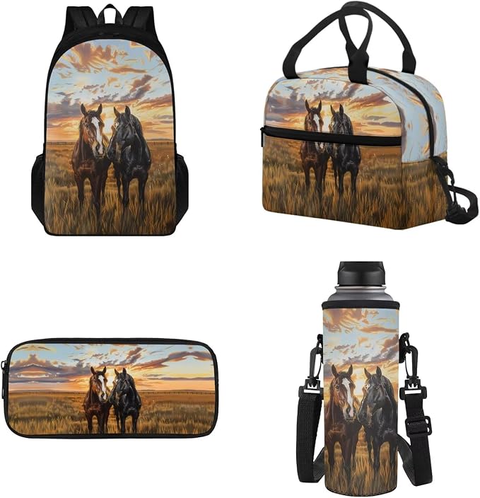 Horse Print Kids Backpack Set with Leakproof Lunch Box Cooler Pencil Bag Water Bottle Sleeve Set for Girls Boys, 4 Pcs Schoolbag for Kindergarten Primary Middle Daybag by Tomeusey
