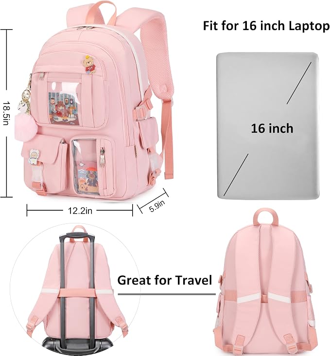 LXYGD Laptop Backpacks 16 Inch School Bag College Backpack 3 PCS with Lunch Box Pencil Pouch Set Large Travel Daypack Kawaii Bookbags for Teens Girls Women Students (Pink) - Image 7