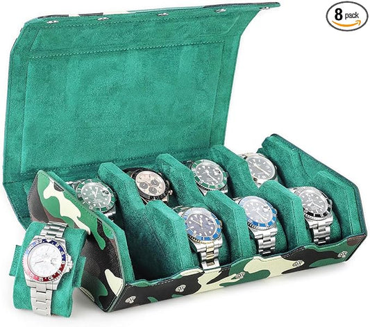 Hiram Genuine Leather Hexagon Watch Roll Travel Case, Military Camouflage Leather 8-Watches Roll Case with Removable Pillow Cushion for Treasured Watches and Bracelets-Camouflage Green by Hiram