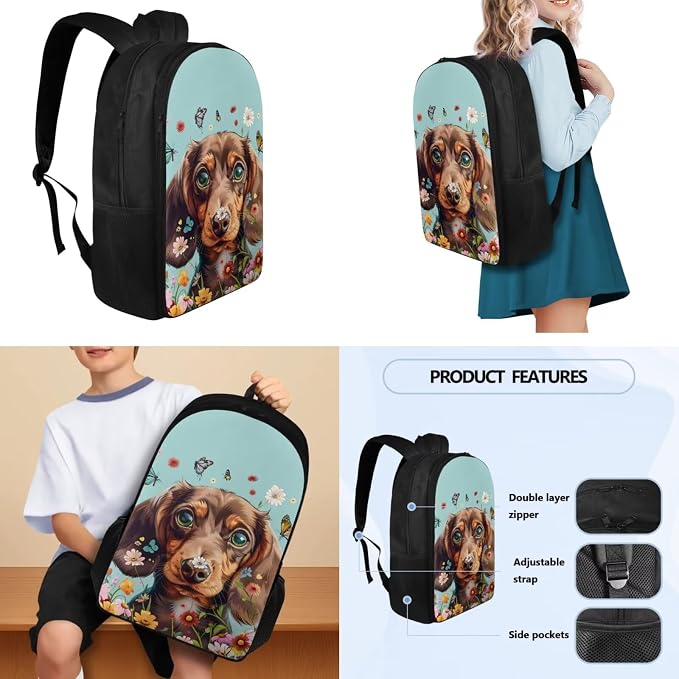 4 Pcs Backpack Set for Girls, Large Double Zipper School Bag Book Bag with Leakproof Lunch Box Pencil Bag Water Bottle Carrier for School and Daycare, Dachshund Colorful Floral - Image 3
