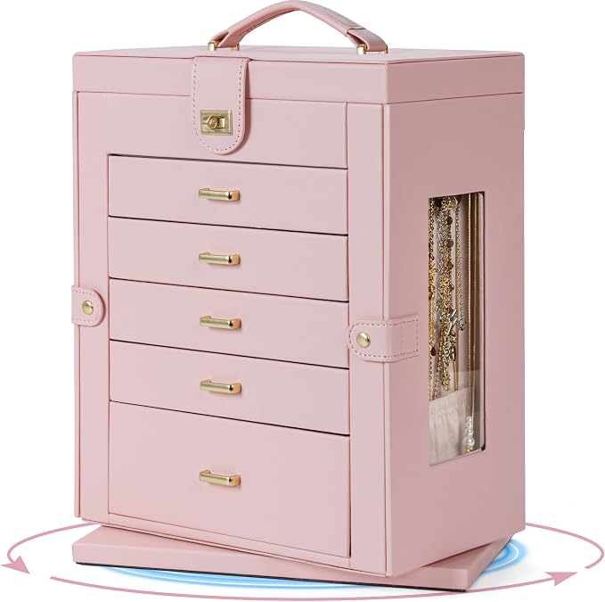 AKOZLIN 6-Tier Jewelry Box Organizer Functional 5 Drawers Leather Jewelry Storage Case for Women Girls Ring Necklace Earring Bracelet Holder Organizer with Mirror XL Pink 360° Rotating - Image 6