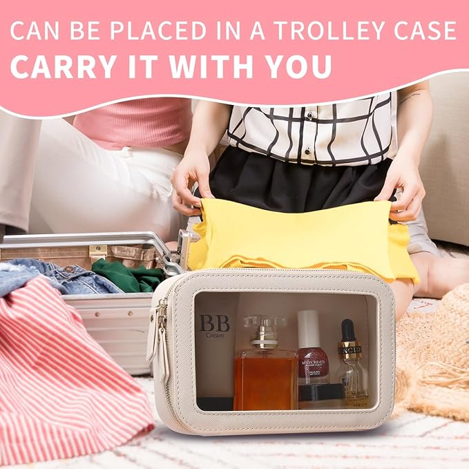 Clear Makeup Bag Small Cosmetic & Toiletry Bag Waterproof Travel Case Women's Pouch Organizer Makeup Bag for Car with Zipper Women (Beige, Small) - Image 3