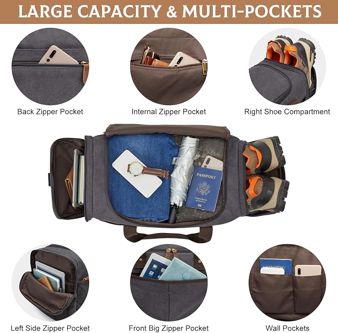 S-ZONE Canvas Duffel Bag for Travel 65L Weekender Overnight Travel Bags with Shoes Compartment for Men | Water-resistant, X-Large Size, Multi-Pockets, Removable Shoulder Strap, for Gym or Travel, Grey - Image 3